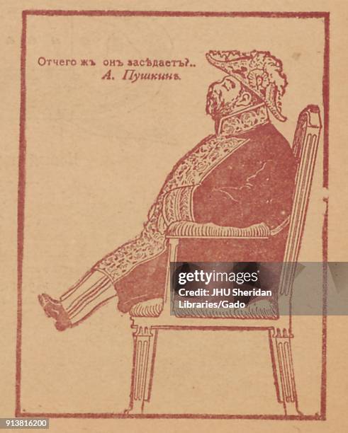 Cartoon from the Russian satirical journal Signaly depicting a man in an elaborate military costume sitting on a chair, with text reading 'Why is he...