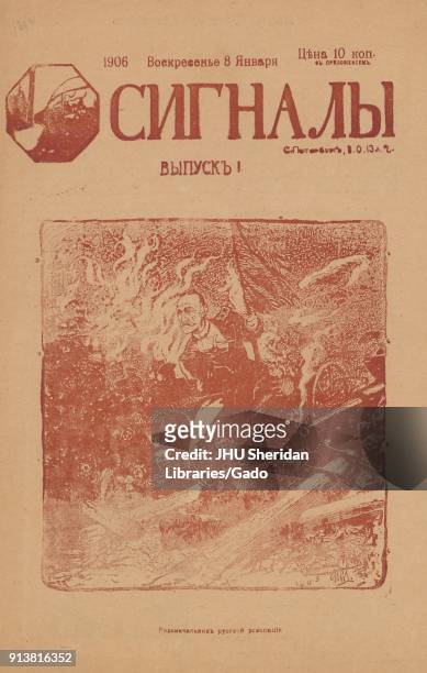Front cover of the Russian satirical journal Signaly depicting a man leading an army over toppled telephone poles with a flag in his hand, with a...