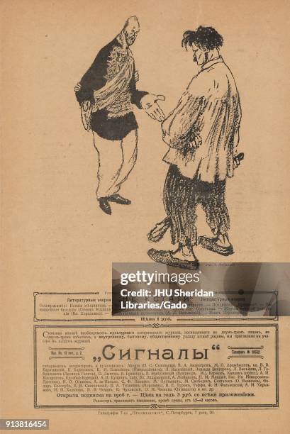 Illustration of Tsar Nicholas II in Imperial Army uniform, reasoning with a peasant man holding a club, from the Russian satirical publication...