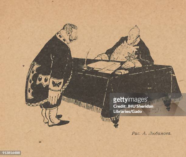 Illustration of two overweight men at opposite sides of a table with papers stacked on it, one sitting with a surprised expression and one standing,...