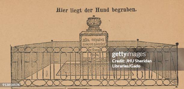 Illustration of playwright Anton Chekhov's grave, surrounded by an iron fence stylized to spell out a German idiom, from the satirical Russian...