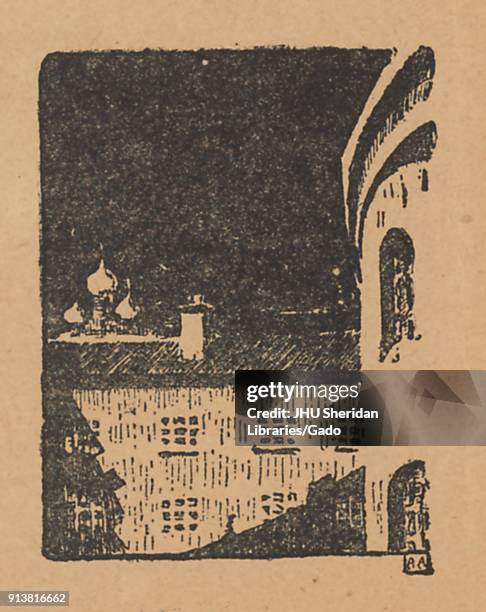 Cartoon from the Russian satirical journal Signaly depicting part of a building, most likely the Tauride Palace, the building of the State Duma, a...