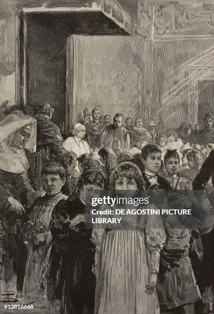 The reception of children at the jubilee celebrations of Pope Leo XIII, Vatican, engraving after a drawing by Dante Paolocci, from L'Illustrazione...