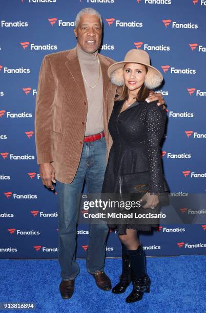 Former NBA player Julius 'Dr. J' Erving and Dorys Madden at the Fanatics Super Bowl Party on February 3, 2018 in Minneapolis, Minnesota.