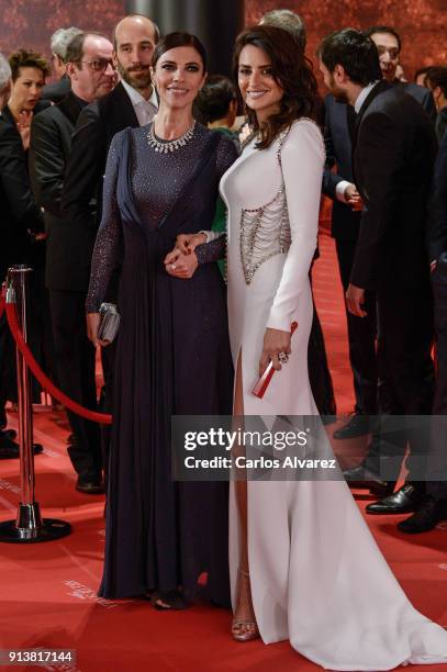 Maribel Verdu and Penelope Cruz attend Goya Cinema Awards 2018 at Madrid Marriott Auditorium on February 3, 2018 in Madrid, Spain.