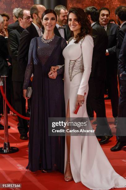 Maribel Verdu and Penelope Cruz attend Goya Cinema Awards 2018 at Madrid Marriott Auditorium on February 3, 2018 in Madrid, Spain.