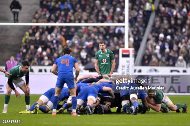 Johnny Sexton of Ireland reacts before a srcum during the NatWest Six Nations match between France and Ireland at Stade de France on February 3, 2018...