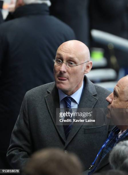 President of FFR, Bernard Laporte attends the NatWest Six Nations match between France and Ireland at Stade de France on February 3, 2018 in Paris,...