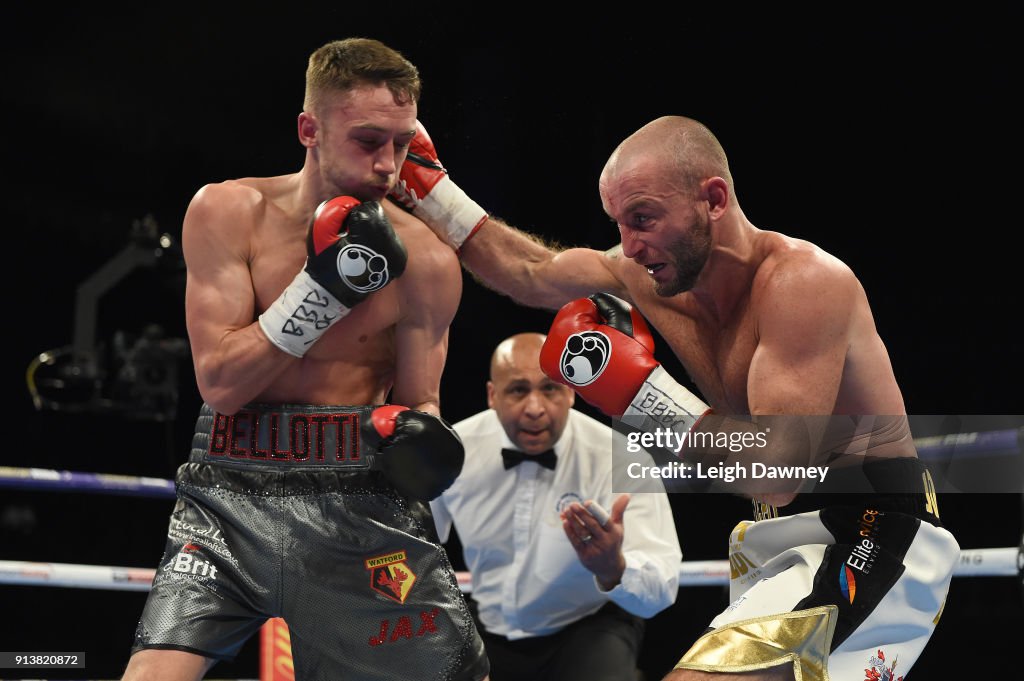 O2 Boxing 403 Stand Ben Jones throws a right hand punch on Reece Bellotti during their ...