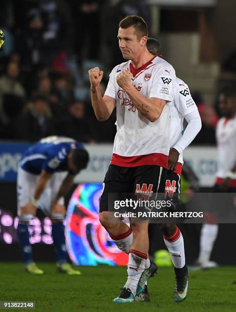 Bordeaux's Danish midfielder Lukas Lerager celebrates at the end of the French L1 football match between Strasbourg and Bordeaux on February 3 at the...