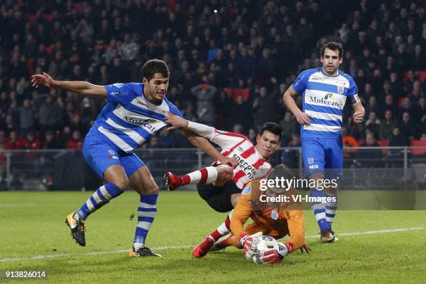 , Nicolas Freire of PEC Zwolle, Hirving Lozano of PSV, goalkeeper Mickey van der Hart of PEC Zwolle, Dirk Marcellis of PEC Zwolle during the Dutch...