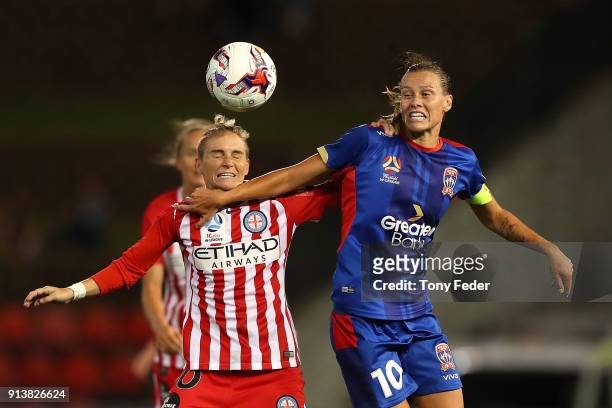 Emily Van Egmond of the Jets contests the ball with Jessica Fishlock of City during the round 14 W-League match between the Newcastle Jets and...