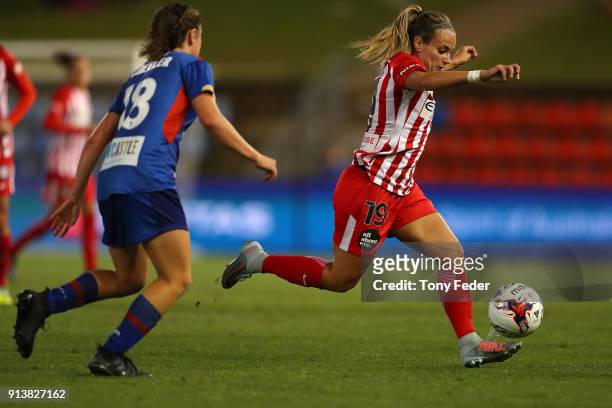 Tyla Jay Vlajnic of City controls the ball during the round 14 W-League match between the Newcastle Jets and Melbourne City FC at McDonald Jones...