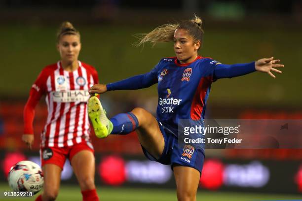 Panagiota Petratos of the Jets controls the ball during the round 14 W-League match between the Newcastle Jets and Melbourne City FC at McDonald...