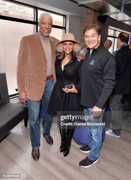 Former NBA player Julius 'Dr. J' Erving, Dorys Madden and Dr. Mehmet Oz at the Fanatics Super Bowl Party on February 3, 2018 in Minneapolis,...