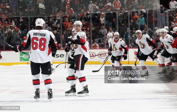 Mike Hoffman of the Ottawa Senators celebrates with his teamamtes after scoring the game-winning goal in the shootout against the Philadelphia Flyers...