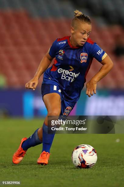 Jenna Kingsley of the Jets in action during the round 14 W-League match between the Newcastle Jets and Melbourne City FC at McDonald Jones Stadium on...