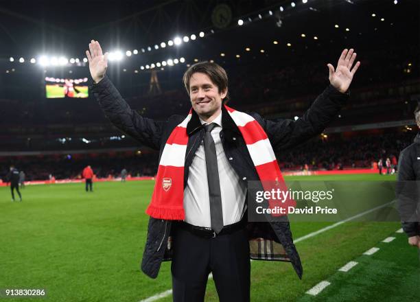 Tomas Rosicky the ex Arsenal player is interviewed during the match the Premier League match between Arsenal and Everton at Emirates Stadium on...