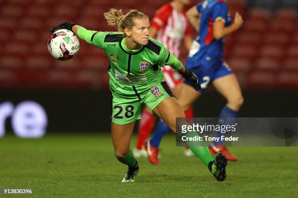 Britt Eckerstrom of the Jets in action during the round 14 W-League match between the Newcastle Jets and Melbourne City FC at McDonald Jones Stadium...