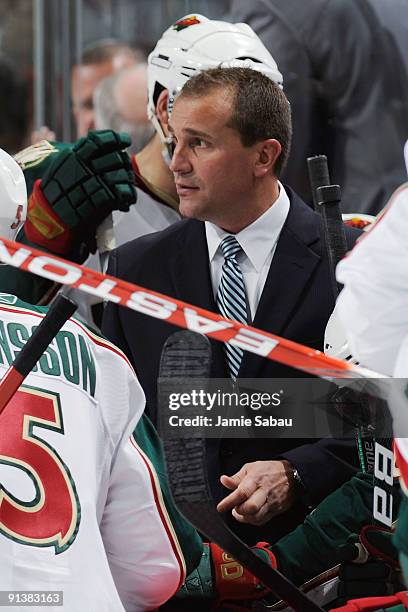 Head coach Todd Richards of the Minnesota Wild instructs his team near the end of a game against the Columbus Blue Jackets on October 3, 2009 at...