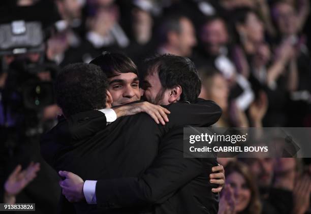 Spanish actor Eneko Sagardoy celebrates receiving the best new actor award for 'Handia' at the 32nd Goya awards ceremony in Madrid on February 3,...