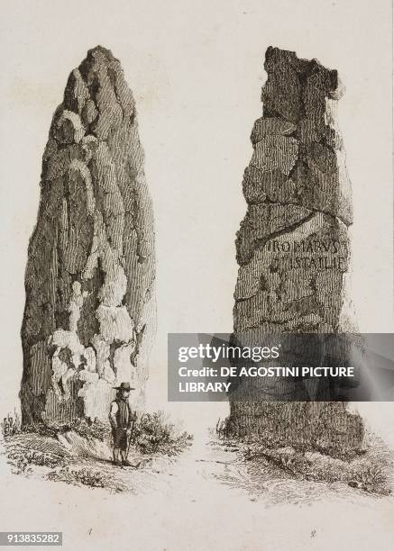 Menhir de Champ-Dolent, Dol-de-Bretagne, 2 Menhir de la Haute-Borne, Joinville, France, engraving by Lemaitre from France, premiere partie, L'Univers...