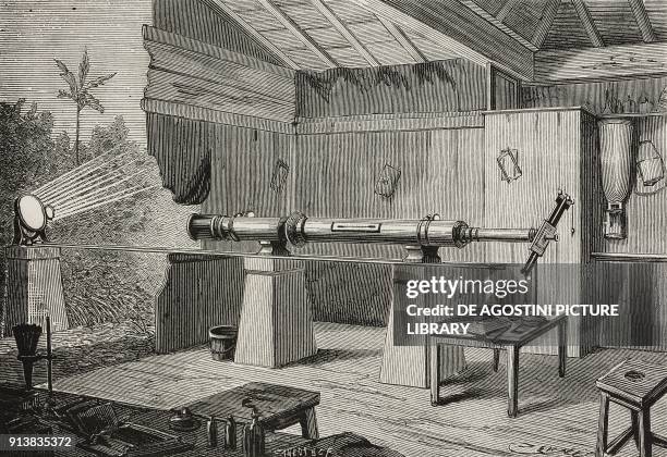 Optical instrument designed by French Colonel Aime Laussedat for observing the transit of Venus across the Sun in 1874, illustration from the...