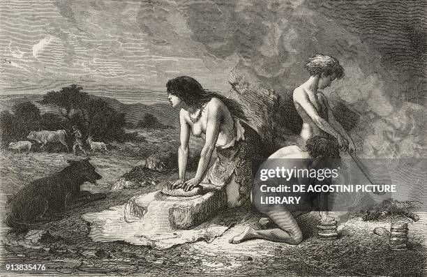 How bread was made during the Stone Age, according to the French illustrator Emile Bayard , illustration from the Italian edition of the book The...