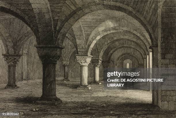 Crypt of Saint Peter-in-the-East, Oxford, England, United Kingdom, engraving by Lemaitre from Angleterre, volume I, by Leon Galibert and Clement...