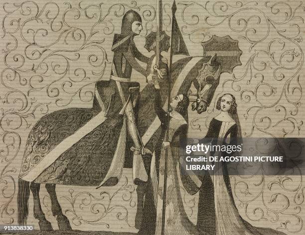 An armed knight, from a 13th century manuscript, United Kingdom, engraving by Lemaitre from Angleterre, volume I, by Leon Galibert and Clement Pelle,...