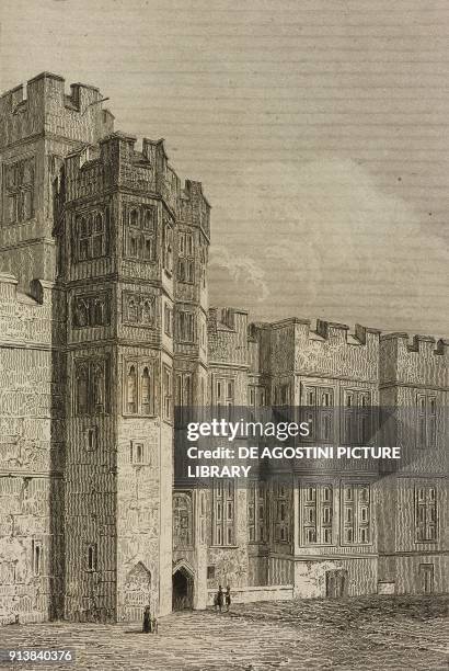 View of the courtyard of Warwick Castle, England, United Kingdom, engraving by Lemaitre from Angleterre, volume II, by Leon Galibert and Clement...