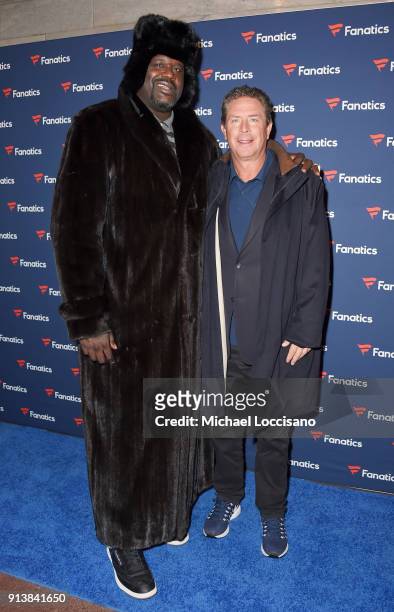 Former NBA player Shaquille O'Neal and former NFL player Dan Marino at the Fanatics Super Bowl Party on February 3, 2018 in Minneapolis, Minnesota.