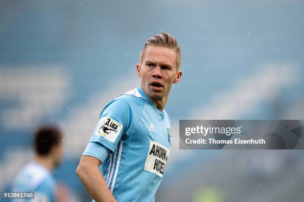 Dennis Grote of Chemnitz reacts during the 3. Liga match between Chemnitzer FC and FC Carl Zeiss Jena at community4you ARENA on February 3, 2018 in...