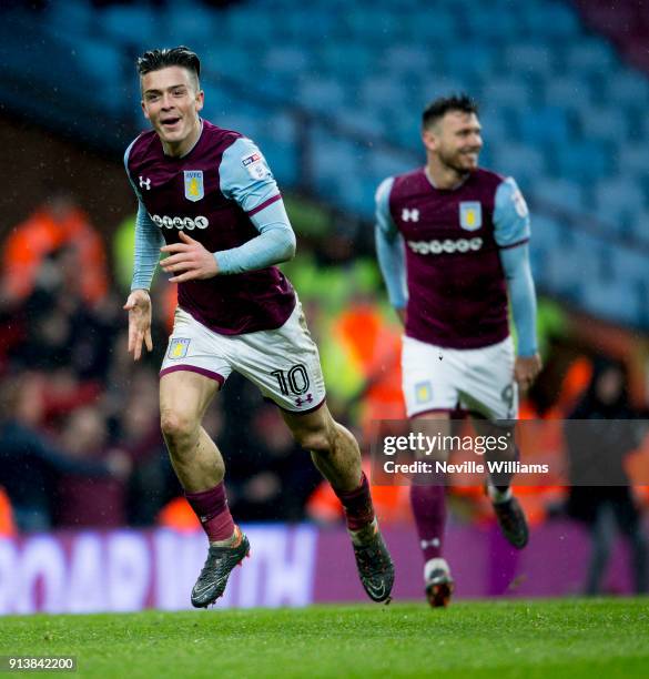 Jack Grealish of Aston Villa scores for Aston Villa during the Sky Bet Championship match between Aston Villa and Burton Albion at Villa Park on...