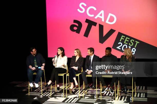 Damian Holbrook, Sallie Patrick, Elizabeth Gillies, Grant Show, Sam Adegoke, and Meredith Markworth-Pollack speak during a screening and Q&A for...