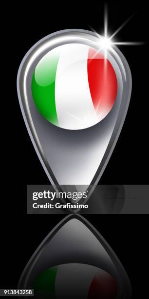 italy button map pointer with italian flag isolated on black - italy flag button stock illustrations