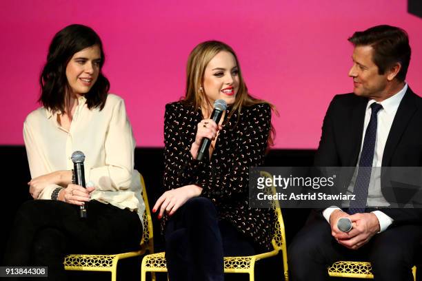 Sallie Patrick, Elizabeth Gillies, and Grant Show speak during a screening and Q&A for 'Dynasty' on Day 3 of the SCAD aTVfest 2018 on February 3,...