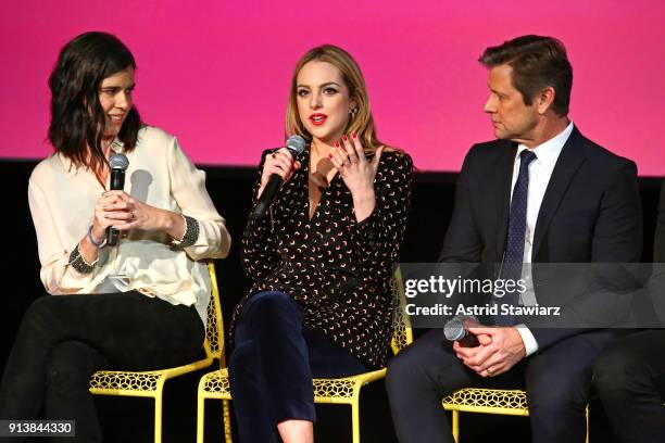 Sallie Patrick, Elizabeth Gillies, and Grant Show speak during a screening and Q&A for 'Dynasty' on Day 3 of the SCAD aTVfest 2018 on February 3,...