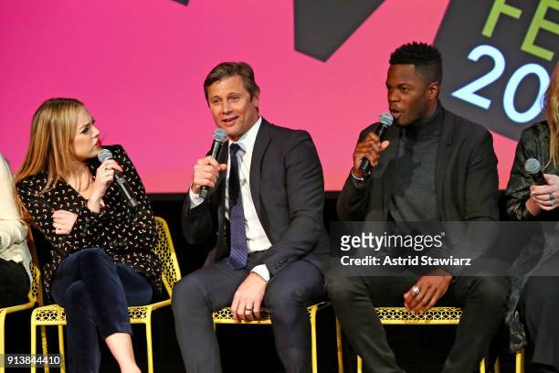 Actors Elizabeth Gillies, Grant Show, and Sam Adegoke speak during a screening and Q&A for 'Dynasty' on Day 3 of the SCAD aTVfest 2018 on February 3,...