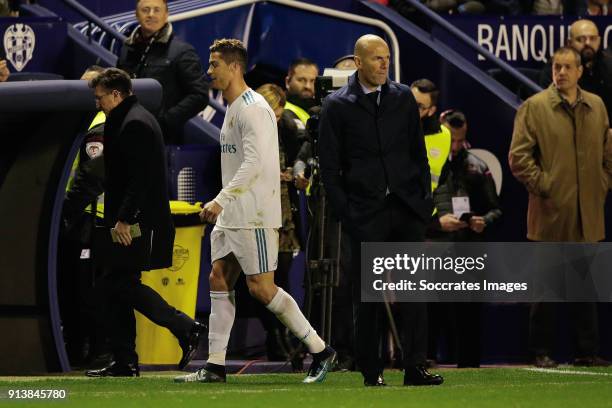 Cristiano Ronaldo of Real Madrid, coach Zinedine Zidane of Real Madrid during the La Liga Santander match between Levante v Real Madrid at the Estadi...