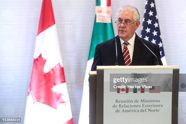 Secretary of State Rex Tillerson adresses the media at the Ministry of Foreign Affairs on February 2, 2018 in Mexico City, Mexico. US Secretary of...