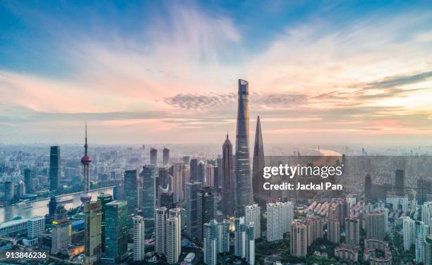 aerial view of shanghai financial district with sunrise - cityscape stock pictures, royalty-free photos & images