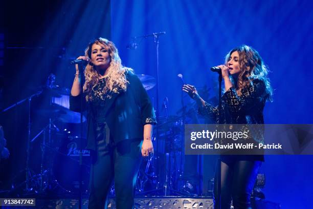 Chimene Badi and Julie Zenatti perform at Le Bataclan on February 3, 2018 in Paris, France.