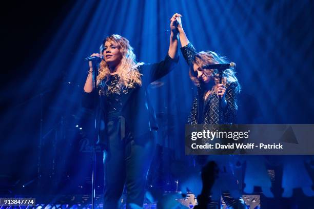 Chimene Badi and Julie Zenatti perform at Le Bataclan on February 3, 2018 in Paris, France.