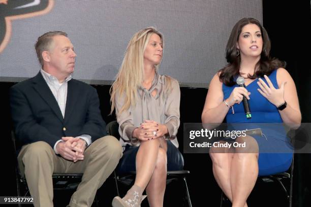 Gil Van Bokkelen, Rianne Schorel and Jessica Schwartz speak onstage during Leigh Steinberg Super Bowl Party 2018 on February 3, 2018 in Minneapolis,...