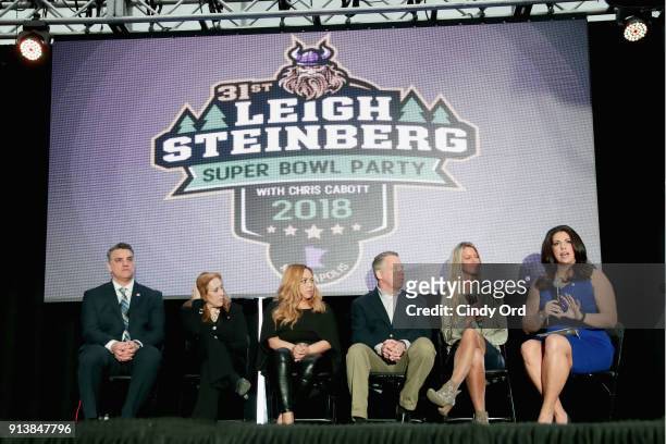 Gus Frerotte, Jackie Garrick, Alicia Duerson, Gil Van Bokkelen, Rianne Schorel and Jessica Schwartz speak onstage during Leigh Steinberg Super Bowl...