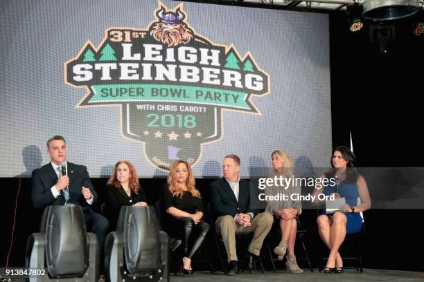 Gus Frerotte, Jackie Garrick, Alicia Duerson, Gil Van Bokkelen, Rianne Schorel and Jessica Schwartz speak onstage during Leigh Steinberg Super Bowl...