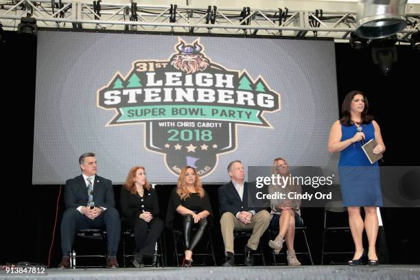Gus Frerotte, Jackie Garrick, Alicia Duerson, Gil Van Bokkelen, Rianne Schorel and Jessica Schwartz speak onstage during Leigh Steinberg Super Bowl...