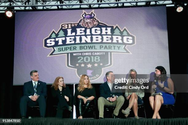 Gus Frerotte, Jackie Garrick, Alicia Duerson, Gil Van Bokkelen, Rianne Schorel and Jessica Schwartz attend speak onstage during Leigh Steinberg Super...