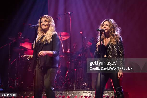 Chimene Badi and Julie Zenatti perform at Le Bataclan on February 3, 2018 in Paris, France.